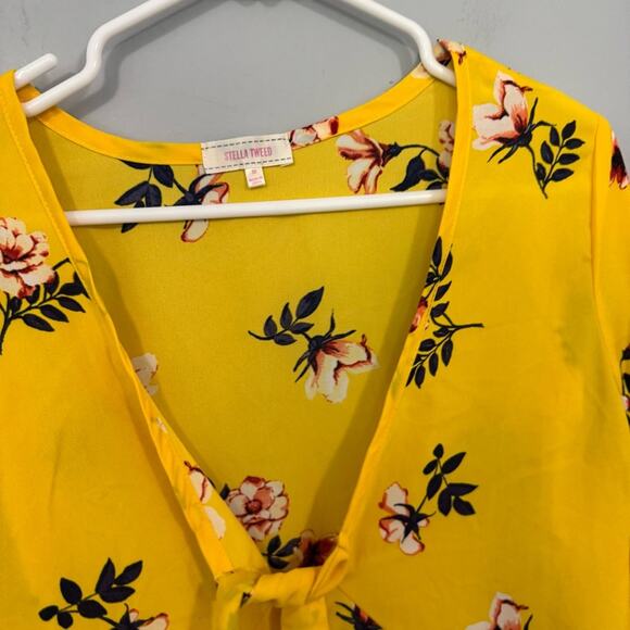 Stella Tweed Yellow Floral Plunging Neckline Top Bell Sleeves Womens Size Medium - Picture 4 of 8